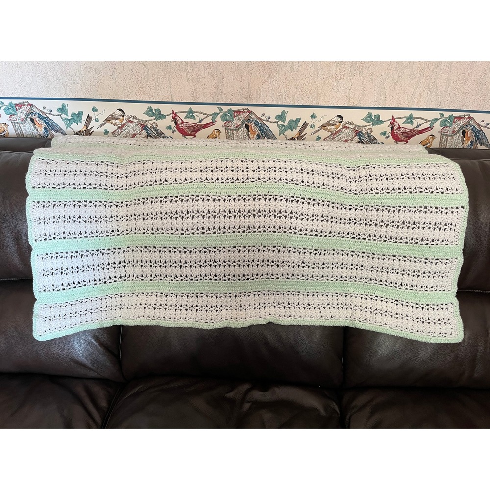 Handmade Crochet Baby Blanket Afghan Mint‎ Green White Nursery Decor 44" x 30"